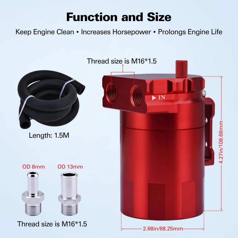 SPEEDWOW Universal Oil Catch Can Tank Filter Baffled With Hose Kit, 300ML(Red) - Image 5